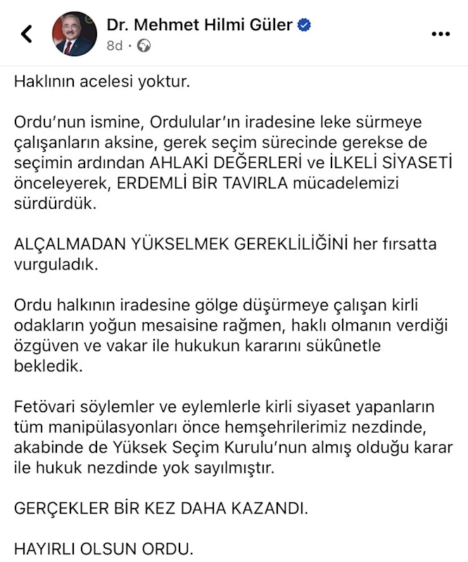 Hilmi Güler: "Gerçekler bir kez daha kazandı”
