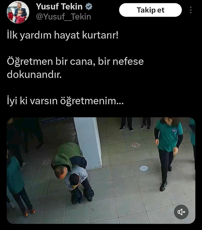 Bakan Tekin, ‘ilkyarım hayat kurtarır’ notuyla hayat kurtaran öğretmeni paylaştı
