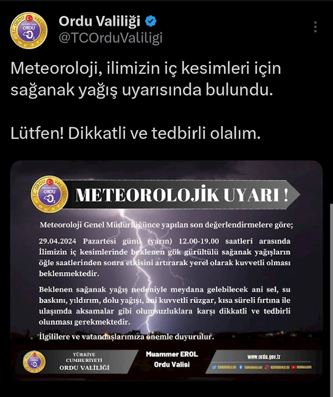 Ordu için sağanak uyarısı
