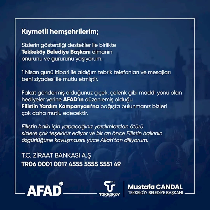 Başkan Candal, tebrik çiçeği yerine Filistin’e yardım istedi
