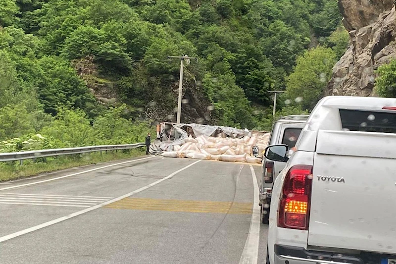 Saman yüklü tır devrildi: 1 yaralı
