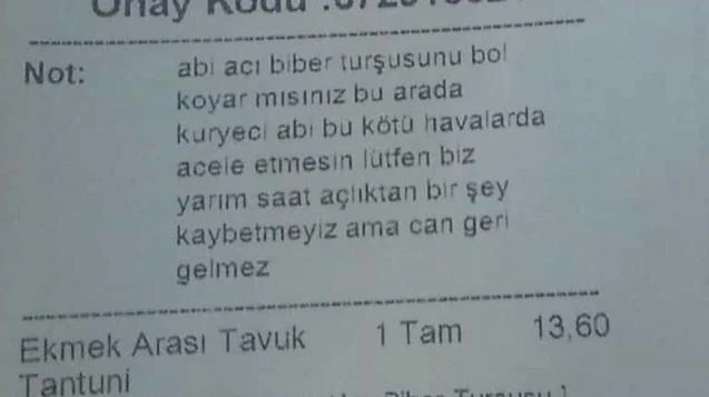 Yemek siparişi veren müşteriden duyarlı bir not